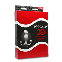 Aneros Progasm Classic prostate massager in satin white, shown in bold red 20th anniversary edition box