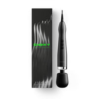 Doxy Die Cast Max plug-in wand massager in black beside its dark branded box