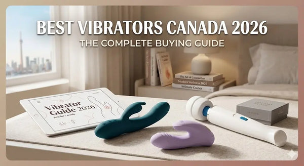 Best Vibrators Canada 2026 guide featuring Lelo Enigma, Magic Wand, and Womanizer air-pulse toys on a modern lifestyle background.