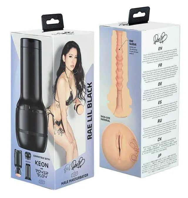 Kiiroo Feel Rae Lil Black performer-moulded stroker in its retail box, front and back