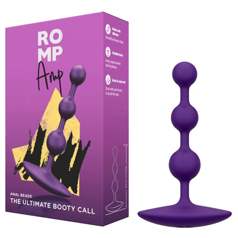 ROMP Amp graduated silicone anal beads in purple beside their retail box