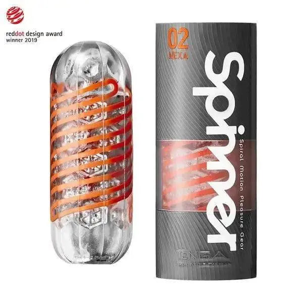 Tenga Spinner 02 Hexa reusable stroker with spiral sleeve beside its packaging