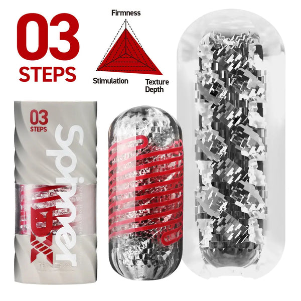 03 Steps Tenga Spinner DX shown with inner spiral texture detail and firmness-stimulation diagram