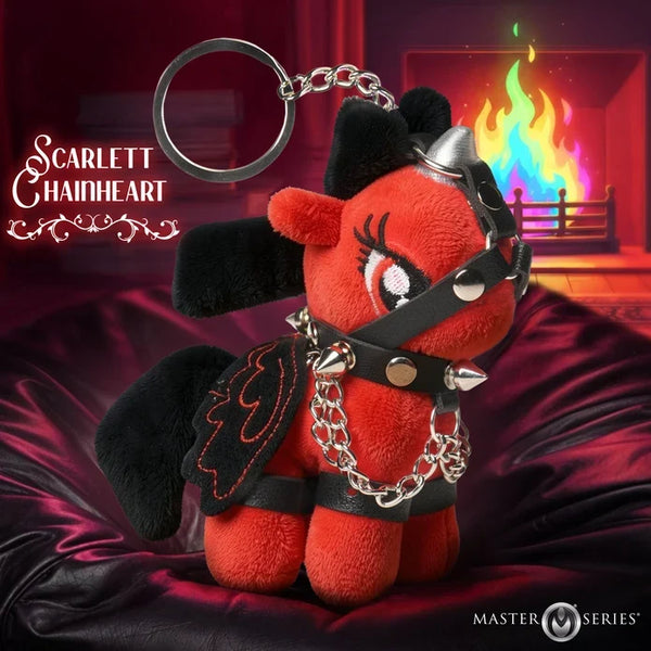 Master Series Scarlett Chainheart Bondage Pony Keychain – red plush pony with black faux leather cuffs, chains and spiked collar