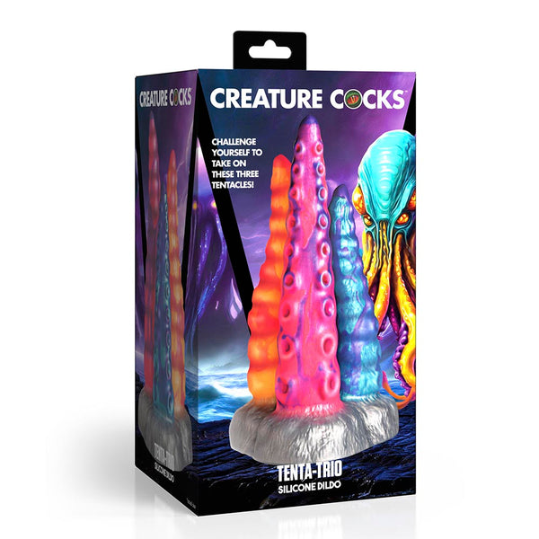 XR Tenta-Trio Triple Tentacle Silicone Suction Cup Dildo – orange, pink and blue tentacles on grey base