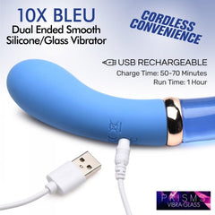 10X Bleu vibrator with USB charging cable, 50–70 min charge time, 1 hour run time