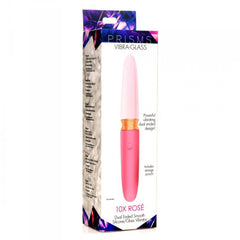 10X Rosé dual-end silicone glass vibrator displayed in Prisms Vibra-Glass retail packaging box