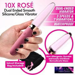 10X Rosé silicone glass vibrator in hand showing 3 speeds, 7 vibrations, and velvet storage bag