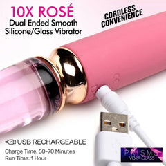 10X Rosé vibrator beside USB charging cable, noting 50–70 min charge and 1-hour cordless run time
