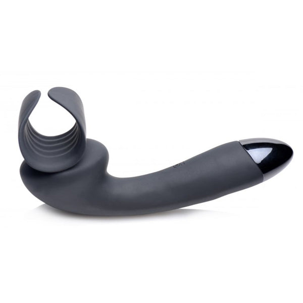 10X Solo Stroke Penis Teaser Wand in dark grey silicone, curved ergonomic shape with textured sleeve
