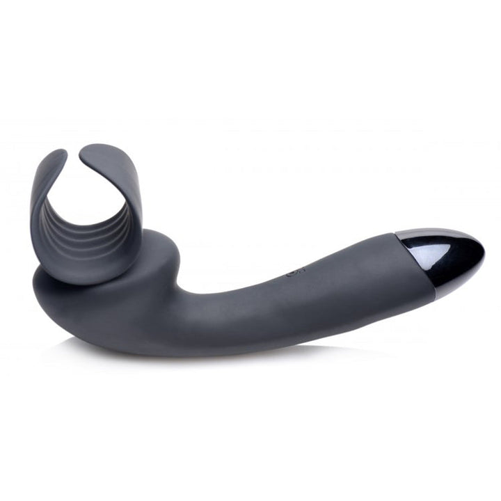 10X Solo Stroke Penis Teaser Wand in dark grey silicone, curved ergonomic shape with textured sleeve