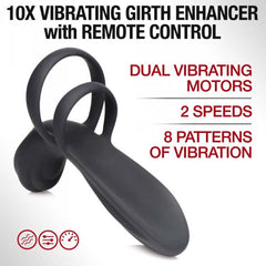 10X Vibrating Girth Enhancer product flat lay highlighting dual motors, 2 speeds, and 8 vibration patterns