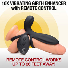 10X Vibrating Girth Enhancer with remote control displayed alongside a flesh-toned model, remote works 26ft away