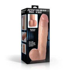 12-inch Cock Lock Dildo with Balls retail packaging showing product and key feature highlights