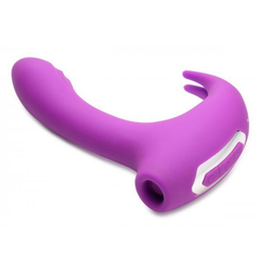 12X Lux Rocker rabbit vibrator lying flat showing suction opening, control buttons, and curved silicone shaft