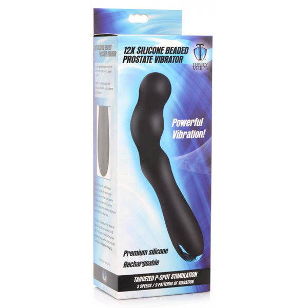 12X Silicone Beaded Prostate Vibrator in retail box noting rechargeable design and 12 vibration modes