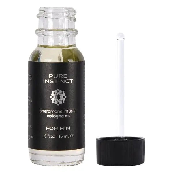 15 mL Pure Instinct pheromone cologne oil with dropper wand extended beside the unscrewed black cap
