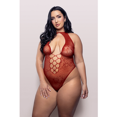 UST KISSED Halter tie plunge teddy in floral lace knit (Red)