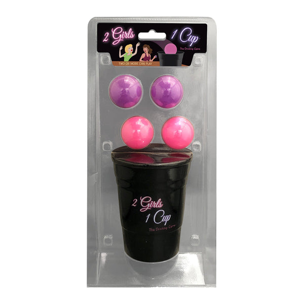 2 Girls 1 Cup drinking game set with black cup and pink and purple balls