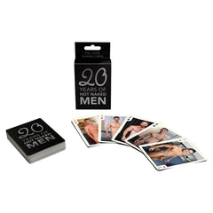 20 Years of Hot Naked Men Playing Cards by Kheper Games, black deck box with fanned nude photo cards