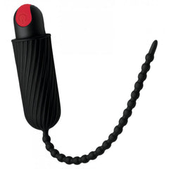 Close-up of 28X Dark Chain flexible beaded silicone strand and ribbed vibrating handle