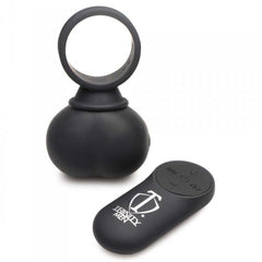 28X Vibrating Balls with oval remote control displaying speed and pattern buttons, matte black finish