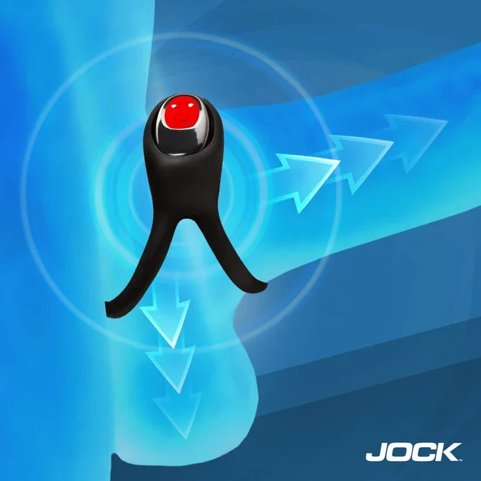 Jock Hard-On Vibrating Silicone Double Cock Ring – black shaft and ball ring with bullet