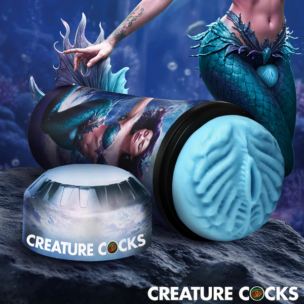 Creature Cocks Maven Mermaid Textured Male Stroker – black and blue mermaid-themed case