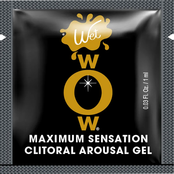 Wet WOW Maximum Sensation Clitoral Arousal Gel single-use black and gold foil packet, 1 ml