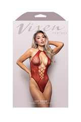 UST KISSED Halter tie plunge teddy in floral lace knit (Red)