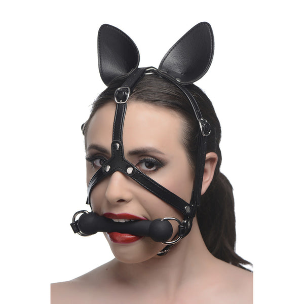 XR Dark Horse Pony Head Harness with Silicone Bit Gag – black pony play bridle with horse ears