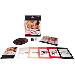 4Play couples game set displayed with spinner wheel, dice, card decks, and trivia booklet