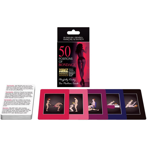 50 Positions of Bondage card game by Kheper Games with fanned colour-coded cards displayed