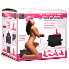 50X Saddle Pro Sex Machine retail box displaying product images and all four silicone attachments