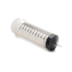 550ml clear plastic syringe tilted to show plunger and tapered tip detail