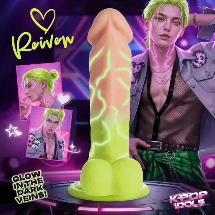 XR Reiven Glow-in-the-Dark Silicone Dildo with Balls – flesh to neon green ombre dildo with raised veins and suction base