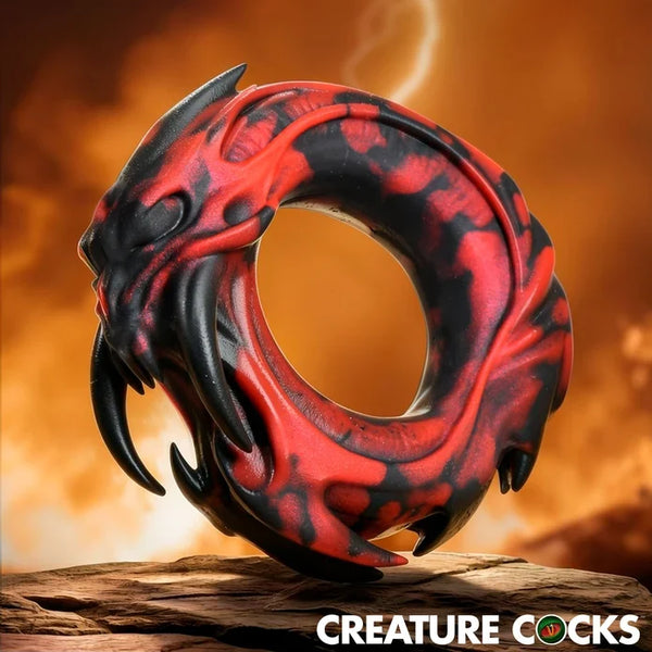 Creature Cocks Hell Fang Silicone Cock Ring – crimson and black marbled ring with sculpted fangs