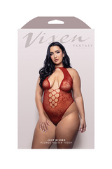 UST KISSED Halter tie plunge teddy in floral lace knit (Red)