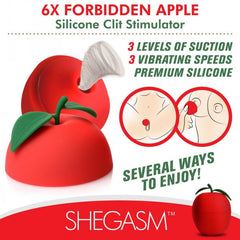 6X Forbidden Apple Silicone Clit Stimulator product features graphic with usage diagrams