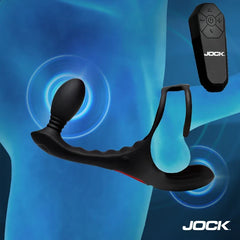 Jock Triple Rush Vibrating Cock Ring and Anal Plug with Remote – black silicone ring, ball ring and plug with remote
