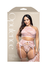 Pearl halter bralette, garter belt with detachable pearl accents and crotchless pearl g-string in iridescent lace