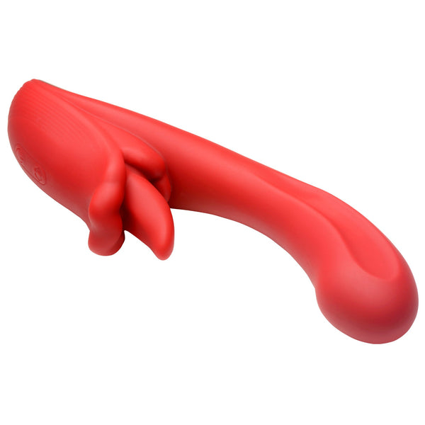XR Lusty Licker Licking Rabbit Vibrator – red curved shaft with tongue and lips clitoral arm
