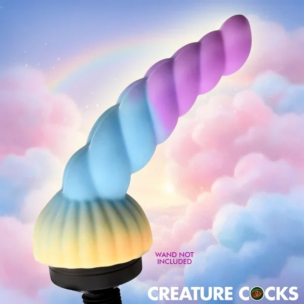 Creature Cocks Unicorn Head Silicone Wand Attachment – rainbow ridged spiral horn on a stretch cup