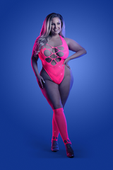 FLASHBACK UV reactive rhinestone fishnet teddy & matching gloves (or leg warmers) (Neon Pink)