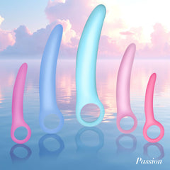 XR Graduated Silicone Kegel Trainer Set – 5 Sizes – five graduated silicone kegel trainers with ring handles, pink and blue