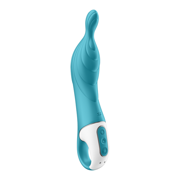 Satisfyer A-Mazing 2 turquoise silicone A-spot vibrator, front view showing curved shaft