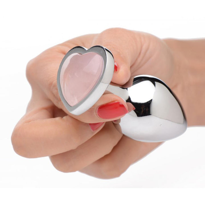 XR Gemstones Rose Quartz Heart Butt Plug – Medium – metal butt plug with pink rose quartz heart