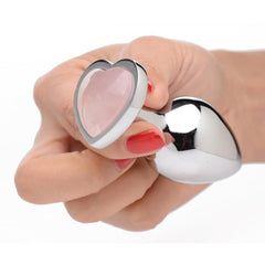 XR Gemstones Rose Quartz Heart Butt Plug – Medium – metal butt plug with pink rose quartz heart