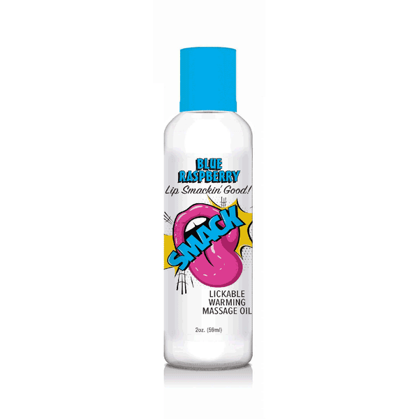 Little Genie Smack blue raspberry lickable warming massage oil, 2 oz clear bottle with blue cap