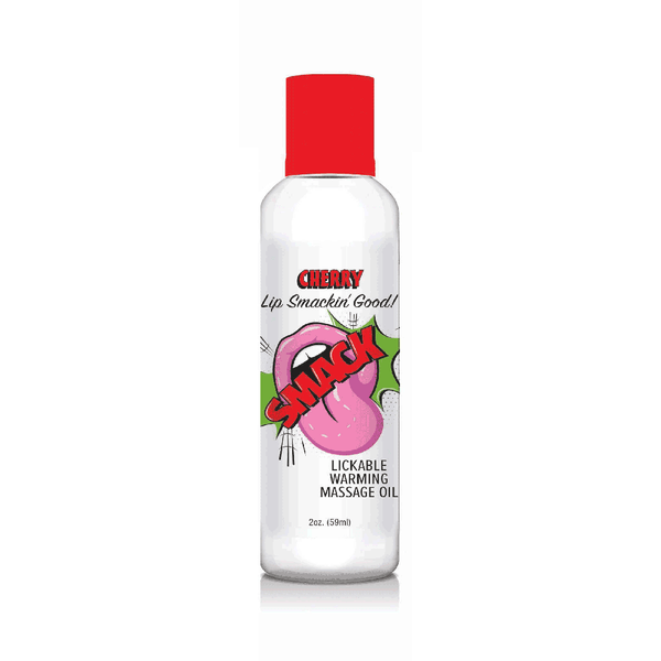 Little Genie Smack Cherry lickable warming massage oil, 2 oz clear bottle with red cap